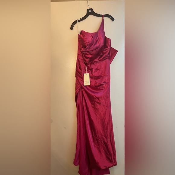 Satin One Shoulder Dress Long with Slit Ruched Mermaid Formal Evening Event Gown - Picture 3 of 10